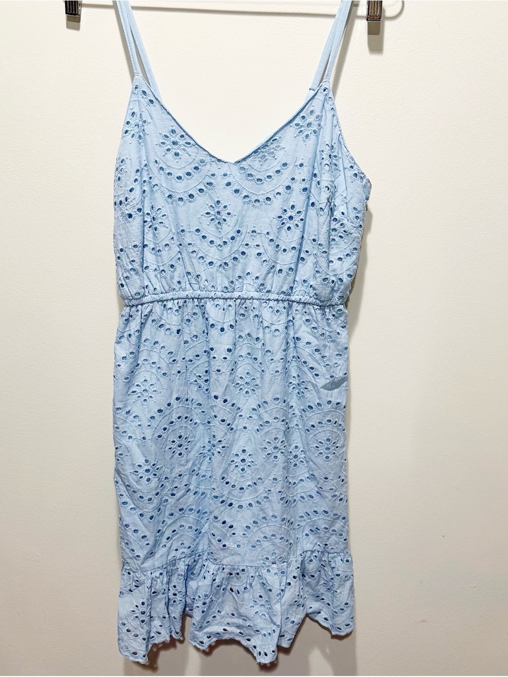 Japna Mini Dress Size Medium Sleeveless Vneck Eyelet Baby Blue Lined 100% Cotton